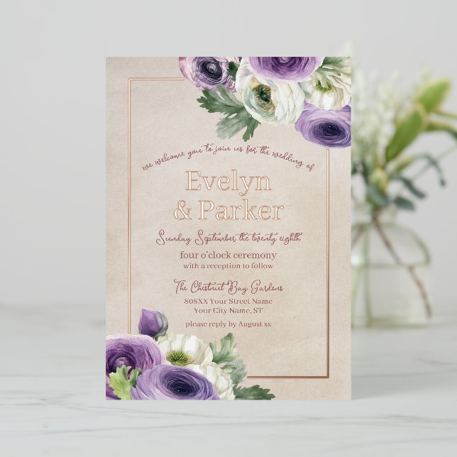 Invitation En Aluminium Ranunculus violet et blanc avec Mariage or Rose (Debout devant)