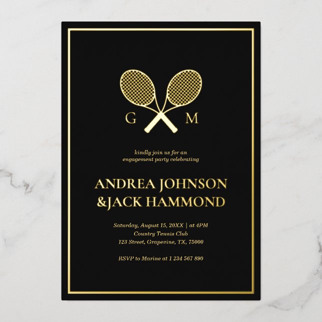 Invitation En Aluminium Raquettes Monogramme Joueur de tennis Fiançailles  (Recto)
