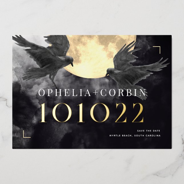Invitation En Aluminium Raven & Golden Moon Mariage gothique Enregistrer l (Recto)