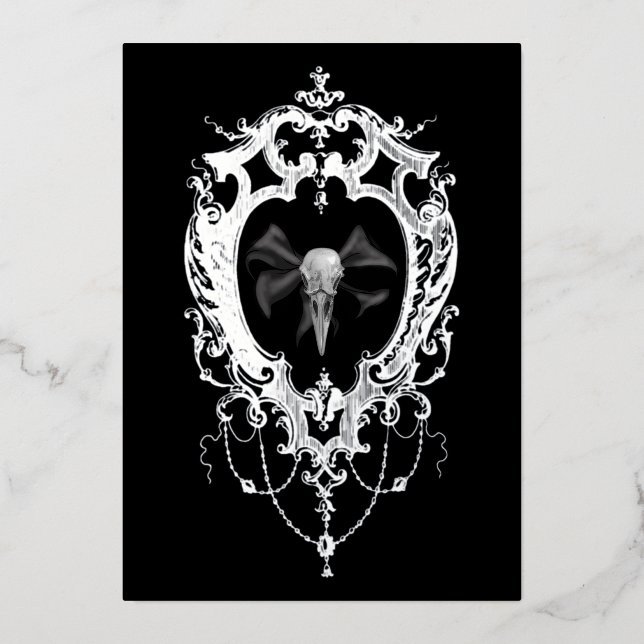 Invitation En Aluminium Raven Skull Silver Frame Goth Wedding (Recto)