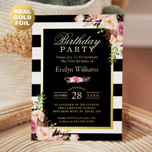 Invitation En Aluminium Rayures noires et blanches Floral Blush Fête d'ann