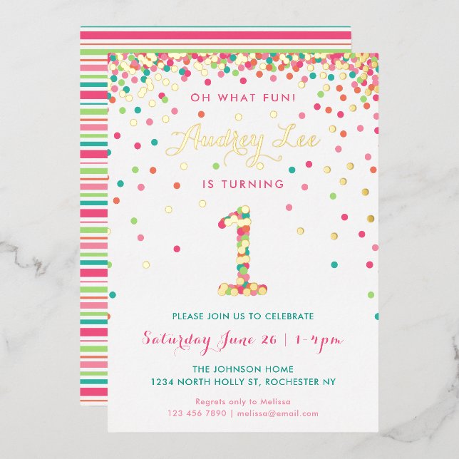 Invitation En Aluminium Real Foil 1er Anniversaire Invitations, Pink Confe (Recto/Verso)
