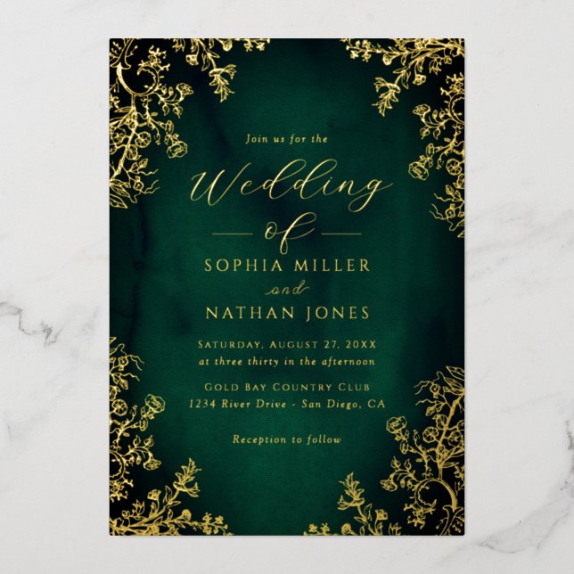 Invitation En Aluminium Real Gold Foil Emerald Floral Lace Script Mariage (Recto)