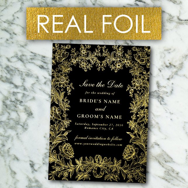 Invitation En Aluminium Real Gold Foil Floral Wedding Enregistrer les cart (Real Gold Foil Floral Wedding Save the Date Cards)