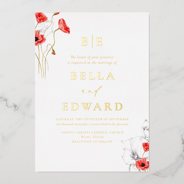 Invitation En Aluminium Real Gold Poppy Red Fleur sauvage Chic Mariage (Recto)