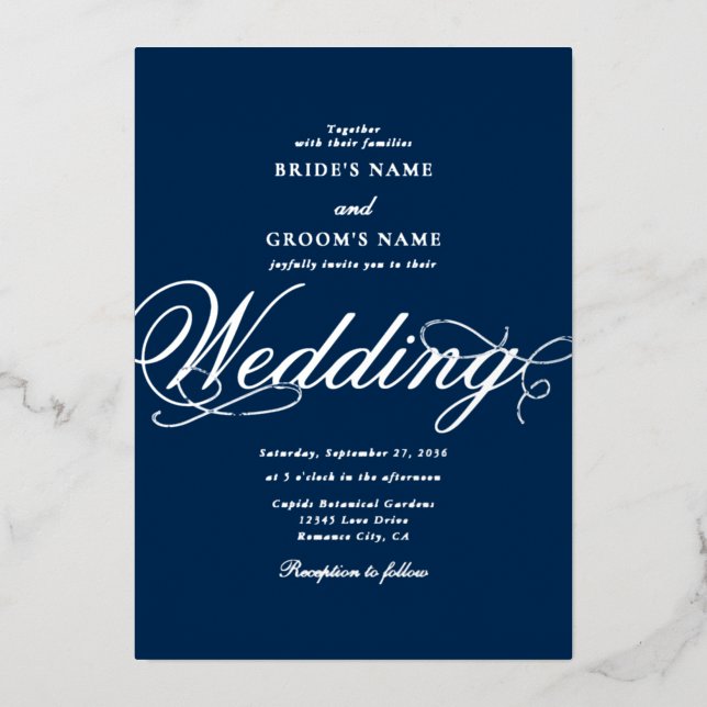 Invitation En Aluminium Real Silver Foil Classic Mariage bleu luxe (Recto)