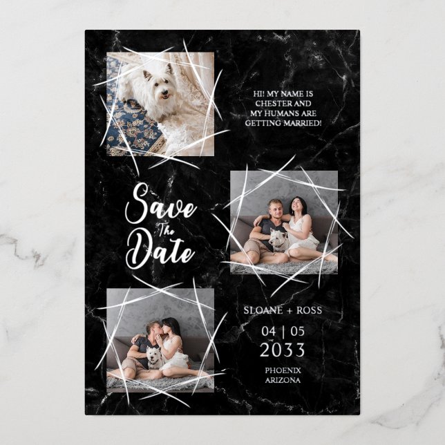 Invitation En Aluminium Real Silver Three Photos Dog Wedding Faux Marble (Recto)