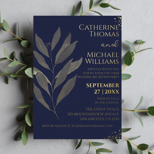 Invitation En Aluminium Réception de mariage bleu marine moderne avec feui (Créateur téléchargé)