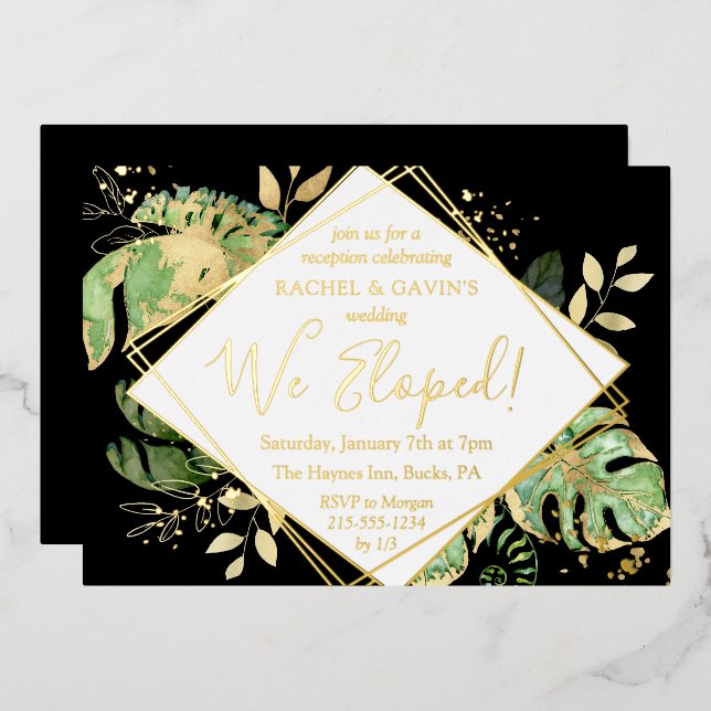 Invitation En Aluminium Réception de mariage de l'Elopement tropical Noir  (Recto/Verso)