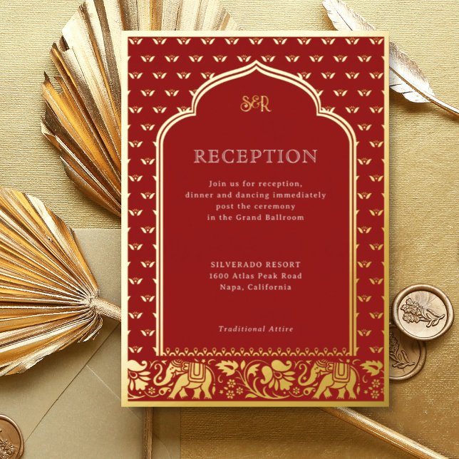 Invitation En Aluminium Réception de mariage indien Elephant & Lotus Flowe (Red Indian wedding invitation with elephant and lotus flower motif, hindu wedding invitation card)