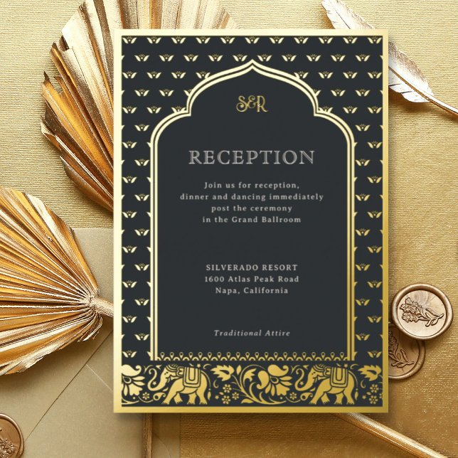 Invitation En Aluminium Réception de mariage indienne Elephant & Lotus Flo (Black Indian wedding invitation with elephant and lotus flower motif, hindu wedding invitation card)