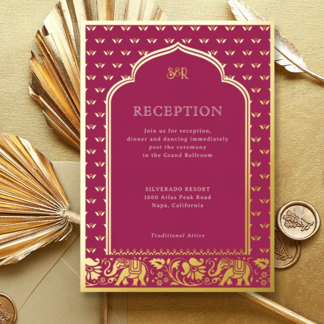 Invitation En Aluminium Réception de mariage indienne Elephant & Lotus Flo (Pink Indian wedding invitation with elephant and lotus flower motif, hindu wedding invitation card)