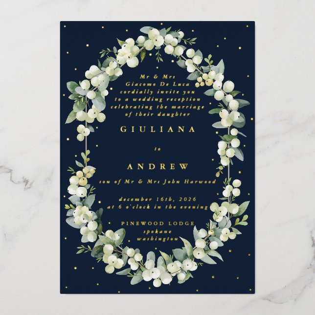 Invitation En Aluminium Réception de mariage Navy Snowberry+Eucalyptus uni (Recto)