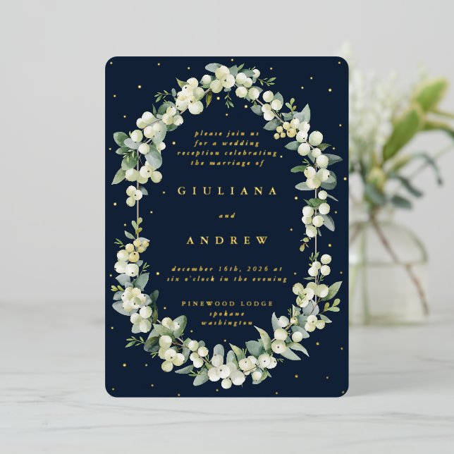 Invitation En Aluminium Réception de mariage Navy Snowberry+Eucalyptus uni (Debout devant)