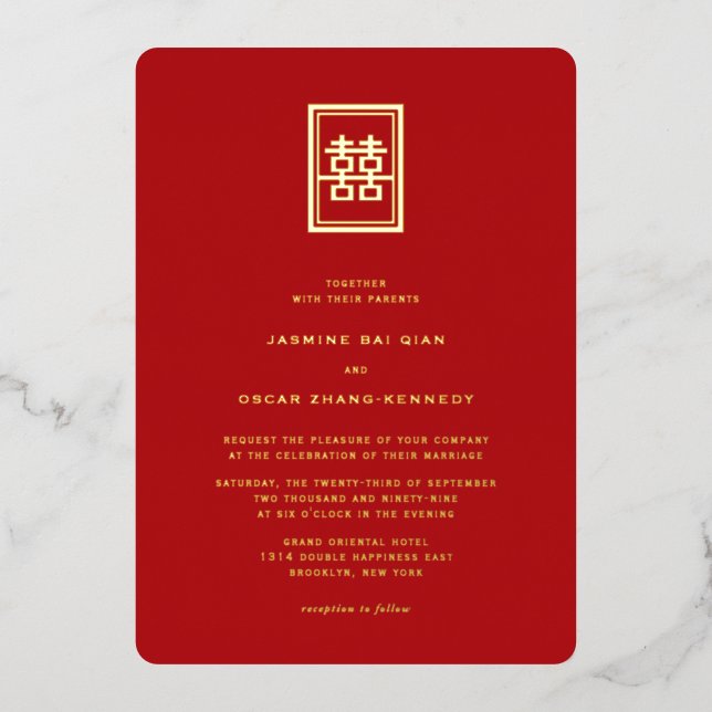 Invitation En Aluminium Rectangle classique Double Bonheur Mariage chinois (Recto)