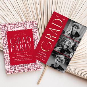 Invitation En Aluminium Red and Gold Foil 3 Photo Graduation Party