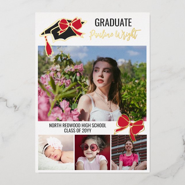 Invitation En Aluminium Red Bows Photos Gold Foil Outlines Graduation (Recto)