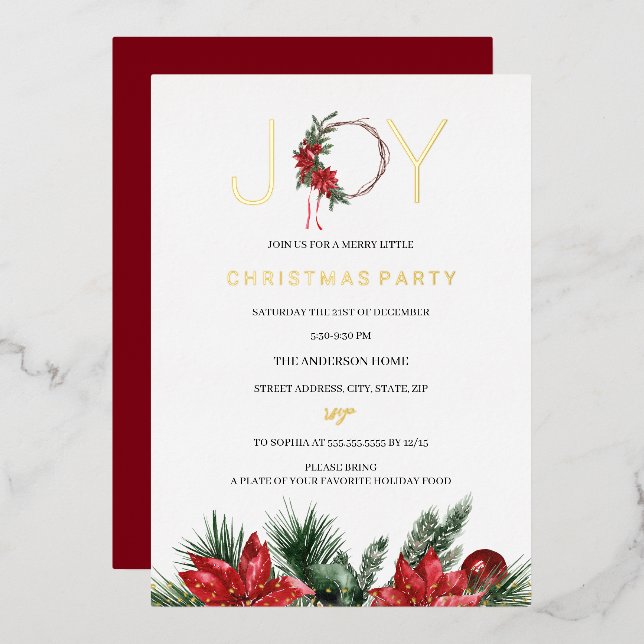 Invitation En Aluminium Red Christmas Party Joy Foliage Wreath (Recto/Verso)