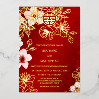 Invitation En Aluminium Red Gold Cherry Blossom Chinese Wedding