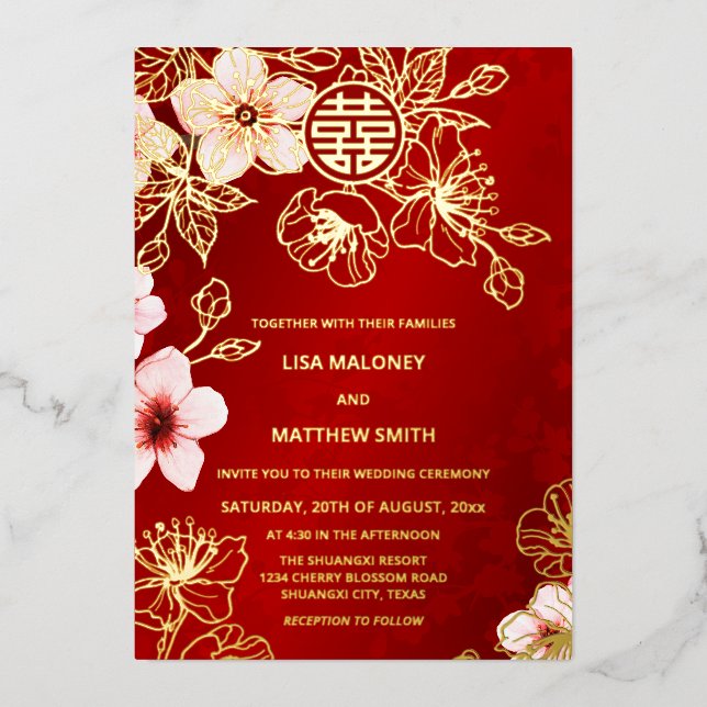 Invitation En Aluminium Red Gold Cherry Blossom Chinese Wedding (Recto)