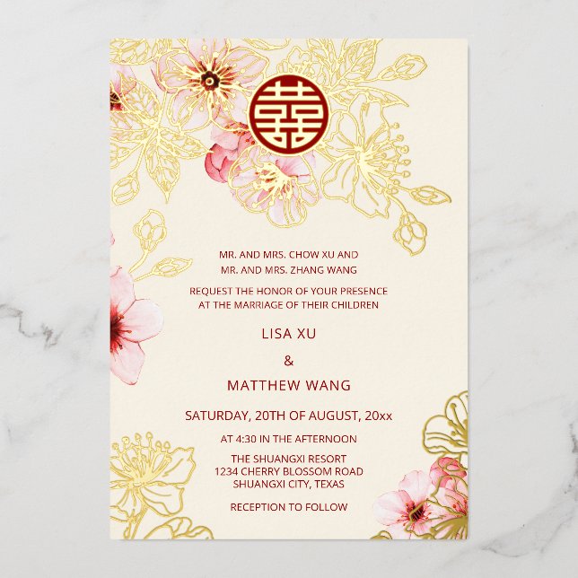 Invitation En Aluminium Red Gold  Pink Cherry Blossom Chinese Wedding (Recto)