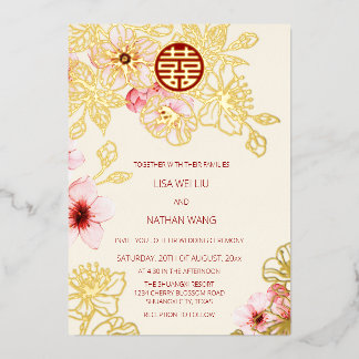 Invitation En Aluminium Red Gold  Pink Cherry Blossom Chinese Wedding