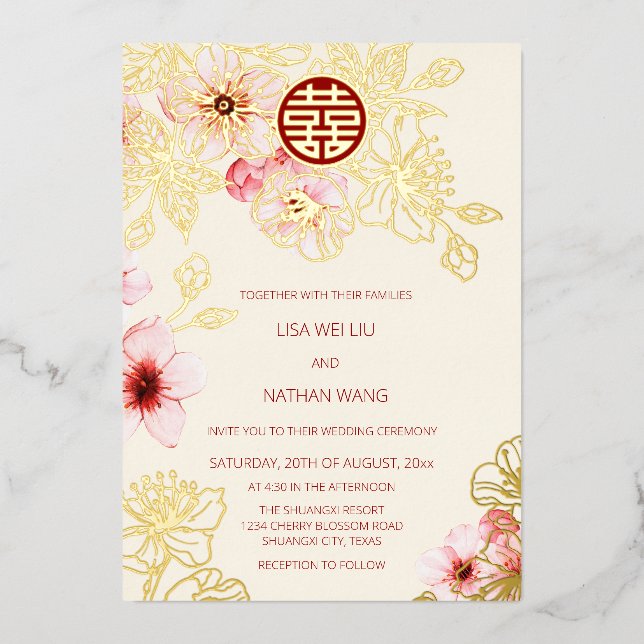 Invitation En Aluminium Red Gold  Pink Cherry Blossom Chinese Wedding (Recto)