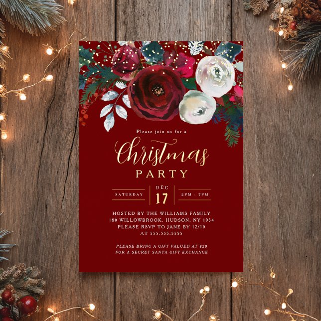 Invitation En Aluminium Red Gold Sparkle Festive Foliage Christmas Party  (Créateur téléchargé)