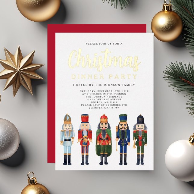 Invitation En Aluminium Red Nutcracker Noël Dinner Party Gold (Red Nutcracker Christmas Dinner Party Gold Foil Invitation)