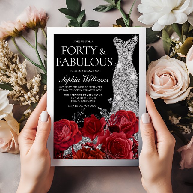 Invitation En Aluminium Red Roses & Black 40th Birthday Silver (Créateur téléchargé)