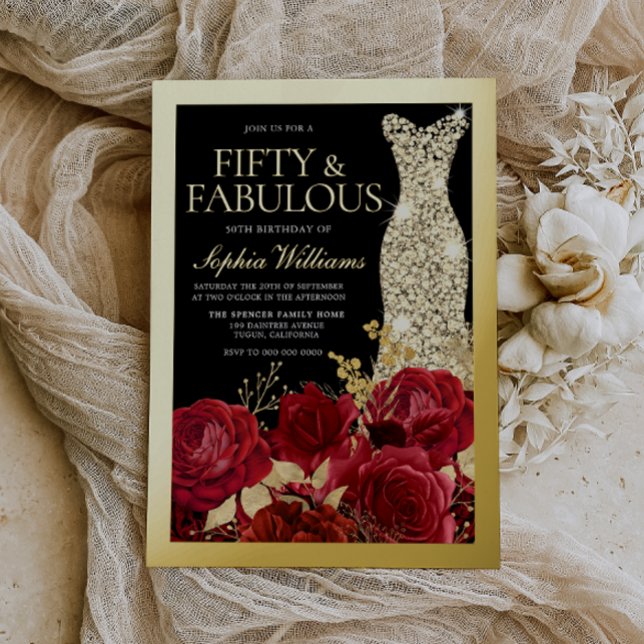 Invitation En Aluminium Red Roses & Black 50th Birthday Gold (Créateur téléchargé)