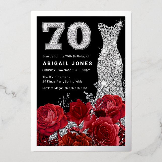 Invitation En Aluminium Red Roses Diamond Gown 70e Anniversaire Véritable  (Recto)