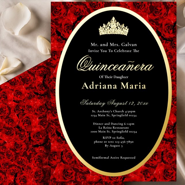 Invitation En Aluminium Red Roses Elegant Gold Floral Quinceanera   (Créateur téléchargé)