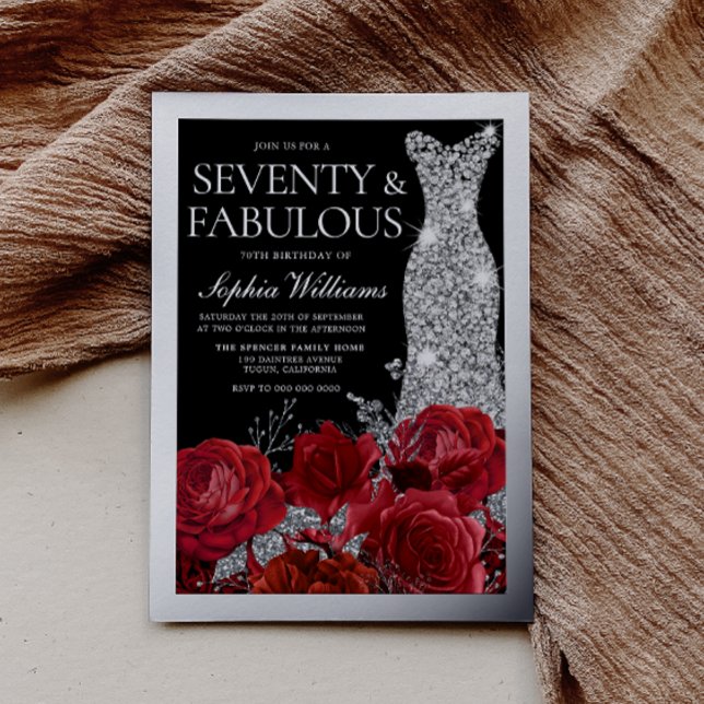 Invitation En Aluminium Red Roses & Silver Foil Black 70th Birthday (Créateur téléchargé)