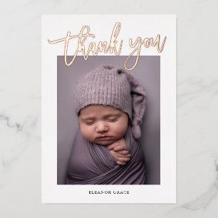 Invitation En Aluminium Remerciement Photo Bébé Écriture Moderne Or Rose