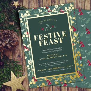 Invitation En Aluminium Repas de fête baies vertes et dorées dîner de Noël