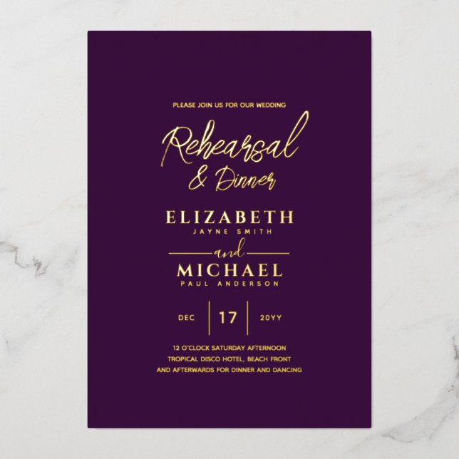 Invitation En Aluminium Répétition et dîner du Mariage Purple Gold Foil (Recto)