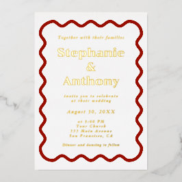 Invitation En Aluminium Retro 1950s Wavy Edge Mariage rouge foncé