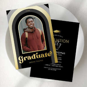 Invitation En Aluminium Retro Black Photo Graduation Party Gold