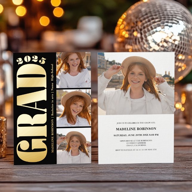 Invitation En Aluminium Retro Bold Gold 2025 Graduation Party 4 Photo (Retro Bold Gold 2025 Graduation Party 4 Photo Foil Invitation)
