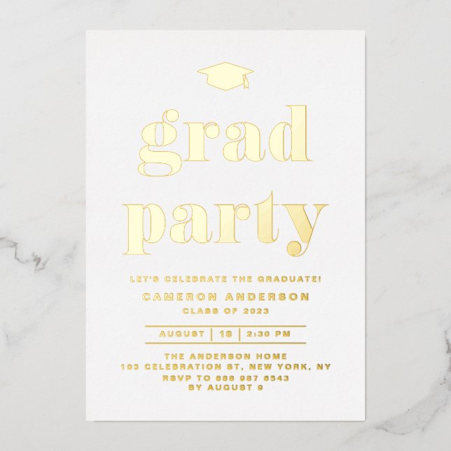 Invitation En Aluminium Retro Bold Typographie Graduation Party Gold (Recto)