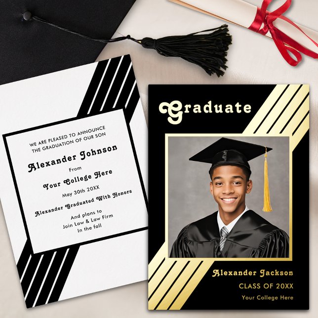Invitation En Aluminium Retro Stripe Gradupe Photo noir et or (Retro black and gold foil stripes graduate photo groovy typography Graduation announcement card)