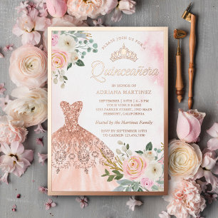 Invitation En Aluminium Robe à paillettes rose saumon floral Quinceanera o