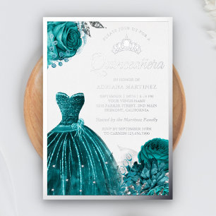 Invitation En Aluminium Robe à paillettes Roses sarcelle Quinceanera