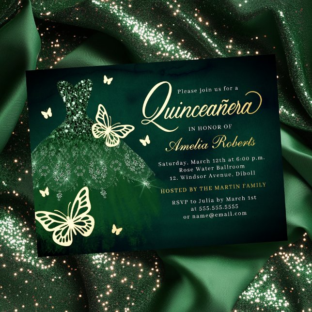 Invitation En Aluminium Robe à papillon Emerald Gold Quinceanera (Créateur téléchargé)