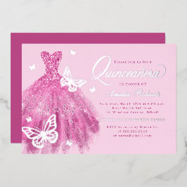 Invitation En Aluminium Robe à papillon rose chaud Quinceanera
