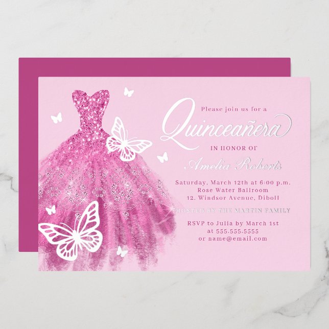 Invitation En Aluminium Robe à papillon rose chaud Quinceanera (Recto/Verso)