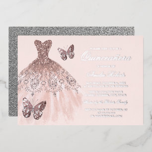Invitation En Aluminium Robe à papillon rose OR ARGENT Quinceanera