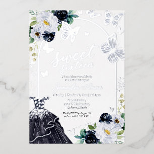 Invitation En Aluminium Robe bleu foncé papillon Sweet Sixteen argentée