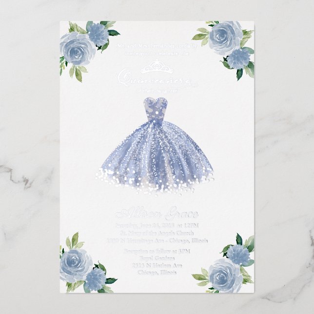 Invitation En Aluminium Robe bleue Dusty Quinceanera (Recto)